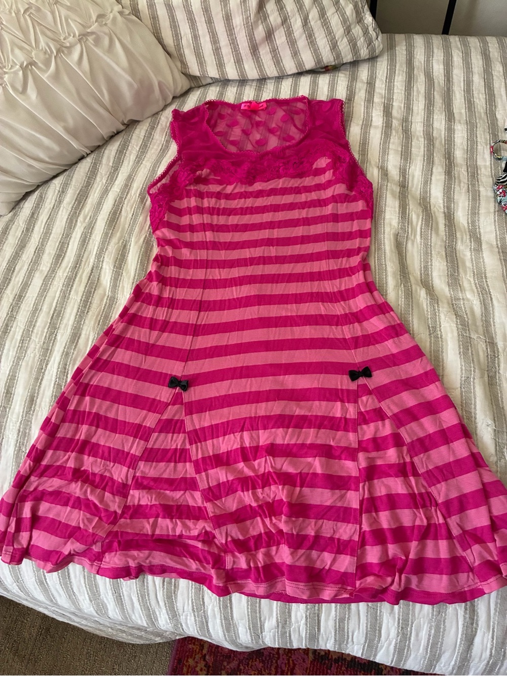 Betsey Johnson Hot Pink & Light Pink Striped Lace Trim Nightdress